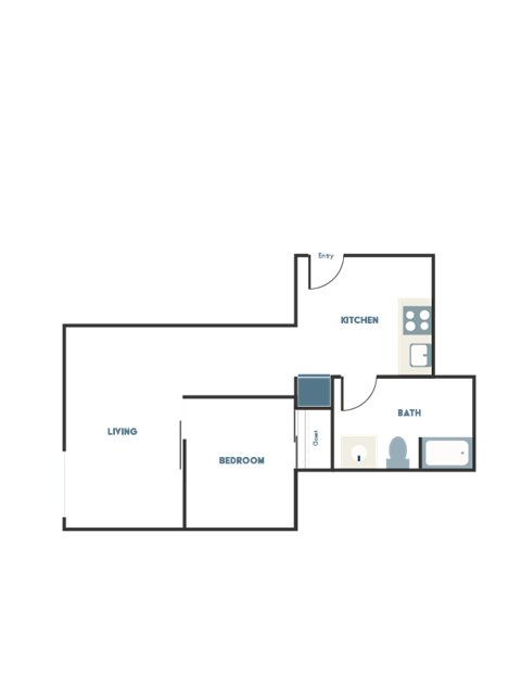 A floor plan of a house with a kitchen, bathroom, and living room.
